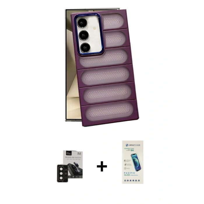MARSİLYAN™- Galaxy S24 Kılıf Yadigar Doku Özel Seri - Şeffaf Pasifik Cam Ekran Koruyucu + PVD Metal Kamera Lens - SH