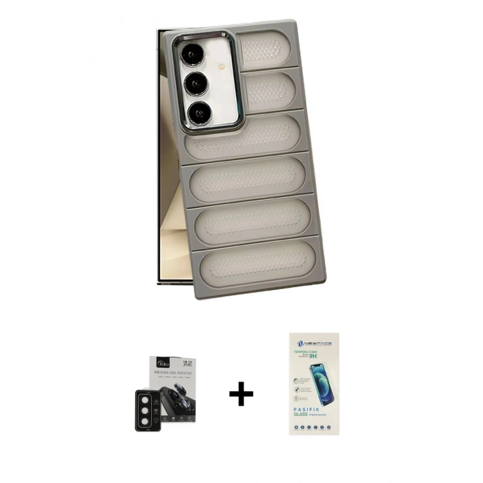 MARSİLYAN™- Galaxy S24 Kılıf Yadigar Doku Özel Seri - Şeffaf Pasifik Cam Ekran Koruyucu + PVD Metal Kamera Lens - SH