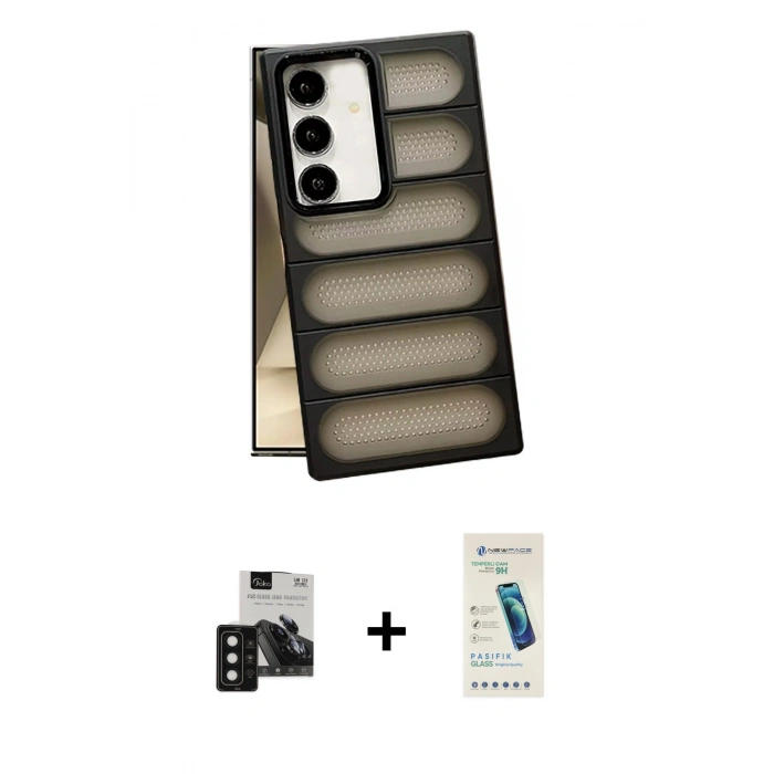 MARSİLYAN™- Galaxy S24 Kılıf Yadigar Doku Özel Seri - Şeffaf Pasifik Cam Ekran Koruyucu + PVD Metal Kamera Lens - SH