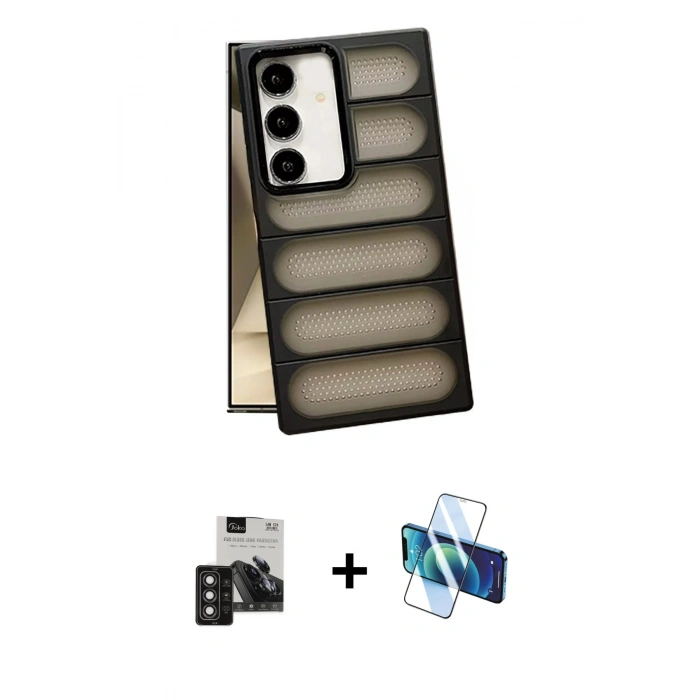 MARSİLYAN™- Galaxy S24 Kılıf Yadigar Doku Özel Seri - Siyah 3D Antistatik Cam Ekran Koruyucu + PVD Metal Kamera Lens - DNMR