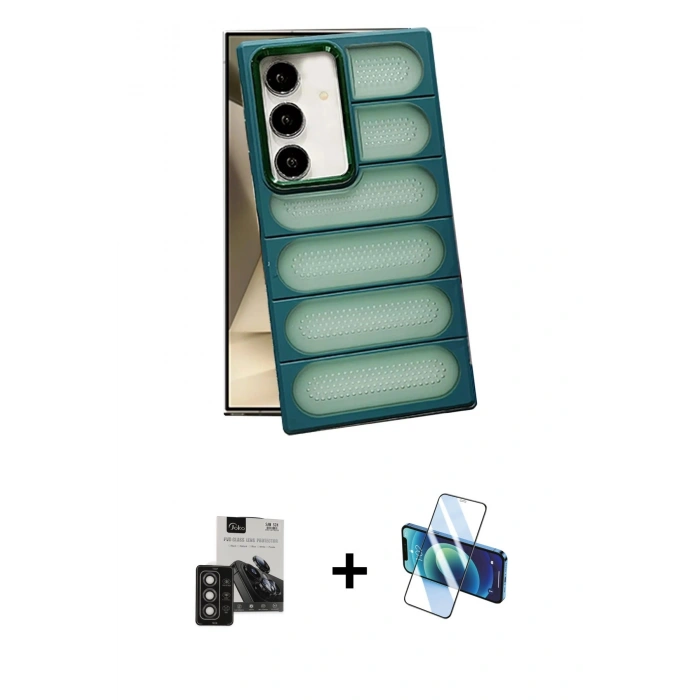 MARSİLYAN™- Galaxy S24 Kılıf Yadigar Doku Özel Seri - Siyah 3D Antistatik Cam Ekran Koruyucu + PVD Metal Kamera Lens - TNGI