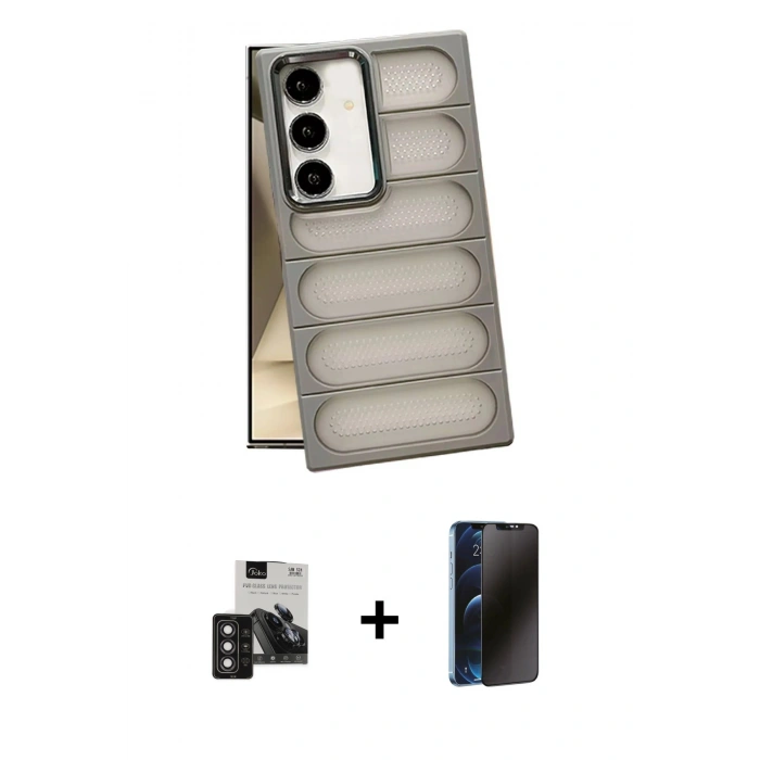 MARSİLYAN™- Galaxy S24 Kılıf Yadigar Doku Özel Seri - Siyah 3D Antistatik Hayalet Cam Ekran Koruyucu + PVD Metal Kamera Lens - DNMR