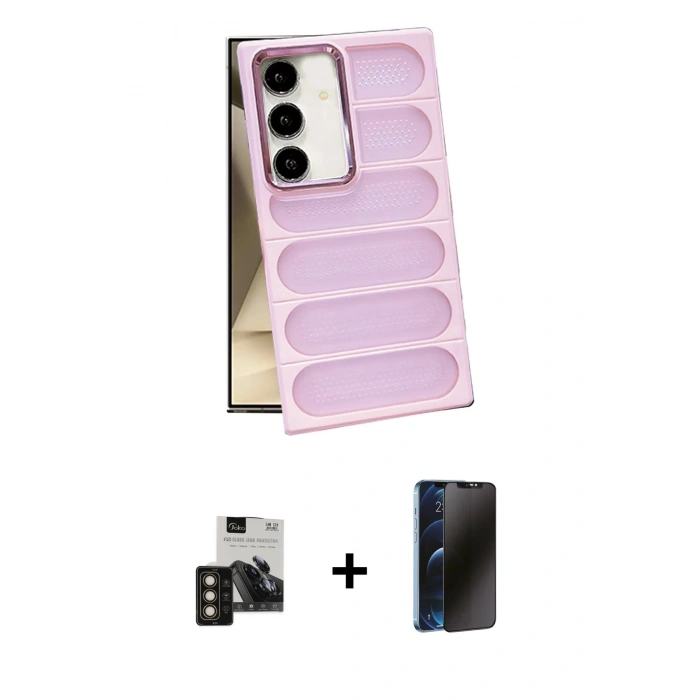 MARSİLYAN™- Galaxy S24 Kılıf Yadigar Doku Özel Seri - Siyah 3D Antistatik Hayalet Cam Ekran Koruyucu + PVD Metal Kamera Lens - GD