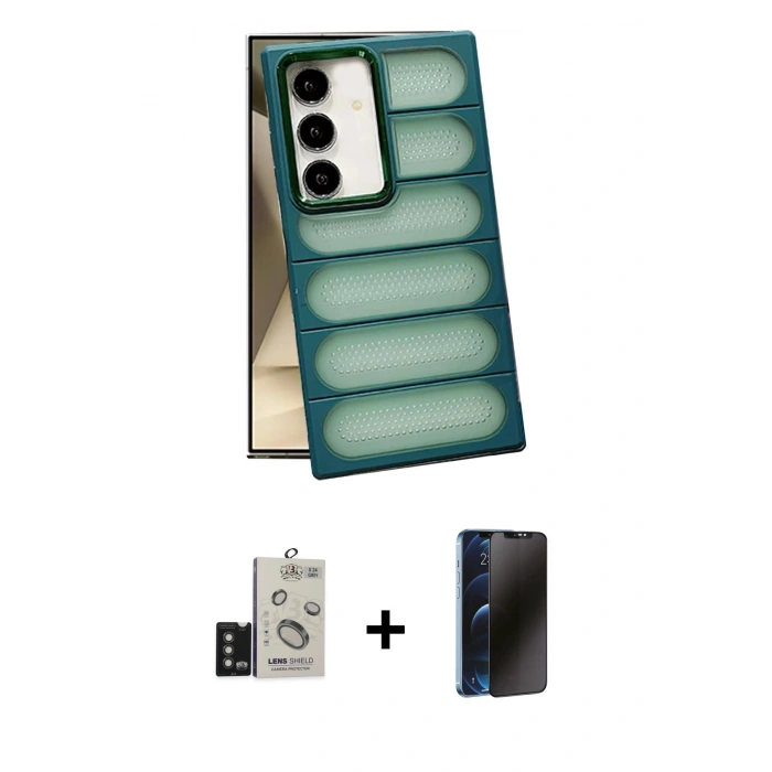 MARSİLYAN™- Galaxy S24 Kılıf Yadigar Doku Özel Seri - Siyah 3D Antistatik Hayalet Cam Ekran Koruyucu + Bilvis Titan Kamera Lens - TMGI