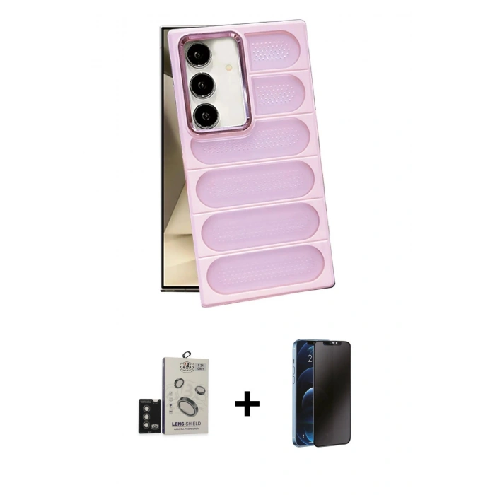 MARSİLYAN™- Galaxy S24 Kılıf Yadigar Doku Özel Seri - Siyah 3D Antistatik Hayalet Cam Ekran Koruyucu + Bilvis Titan Kamera Lens - TMGI