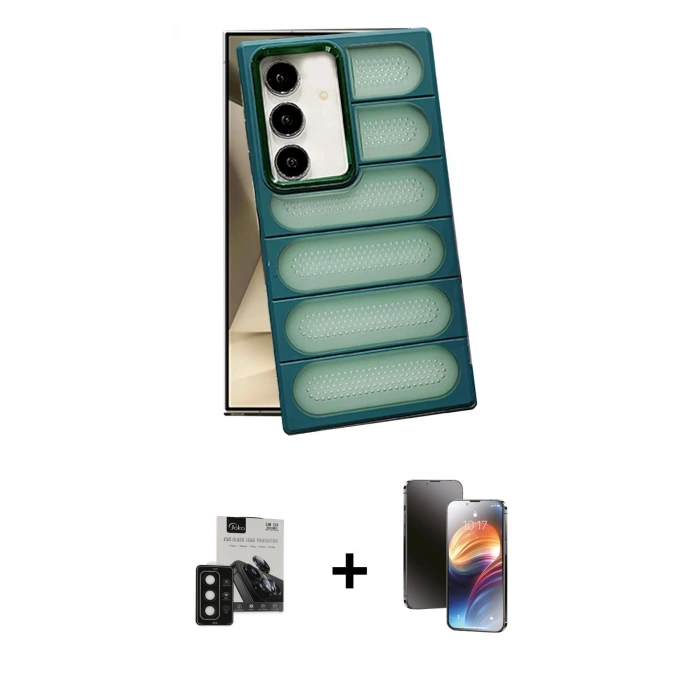 MARSİLYAN™- Galaxy S24 Kılıf Yadigar Doku Özel Seri - Siyah 3D Antistatik Mat Seramik Nano Ekran Koruyucu + PVD Metal Kamera Lens - SH