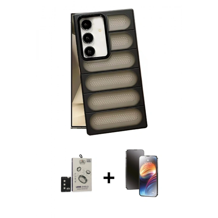 MARSİLYAN™- Galaxy S24 Kılıf Yadigar Doku Özel Seri - Siyah 3D Antistatik Mat Seramik Nano Ekran Koruyucu + Bilvis Titan Kamera Lens - SH