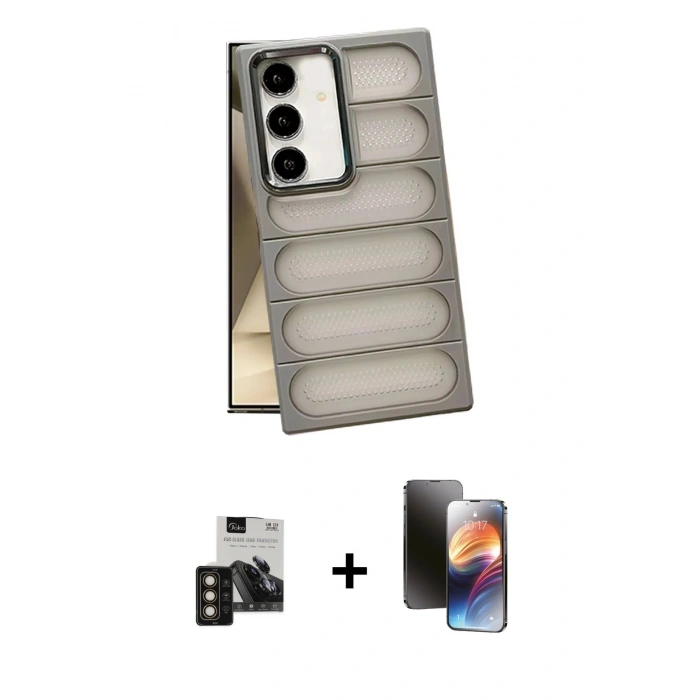 MARSİLYAN™- Galaxy S24 Kılıf Yadigar Doku Özel Seri - Siyah 3D Antistatik Mat Seramik Nano Ekran Koruyucu + PVD Metal Kamera Lens - GD