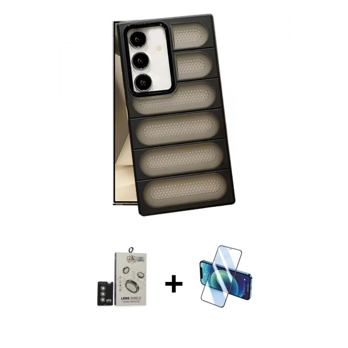 MARSİLYAN™- Galaxy S24 Kılıf Yadigar Doku Özel Seri - Siyah 3D Antistatik Seramik Nano Ekran Koruyucu + Bilvis Titan Kamera Lens - DNMR