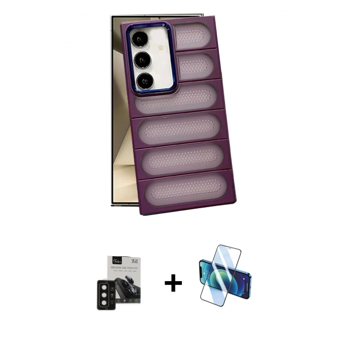 MARSİLYAN™- Galaxy S24 Kılıf Yadigar Doku Özel Seri - Siyah 3D Antistatik Seramik Nano Ekran Koruyucu + PVD Metal Kamera Lens - SH