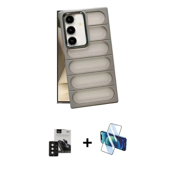 MARSİLYAN™- Galaxy S24 Kılıf Yadigar Doku Özel Seri - Siyah 3D Antistatik Seramik Nano Ekran Koruyucu + PVD Metal Kamera Lens - SH
