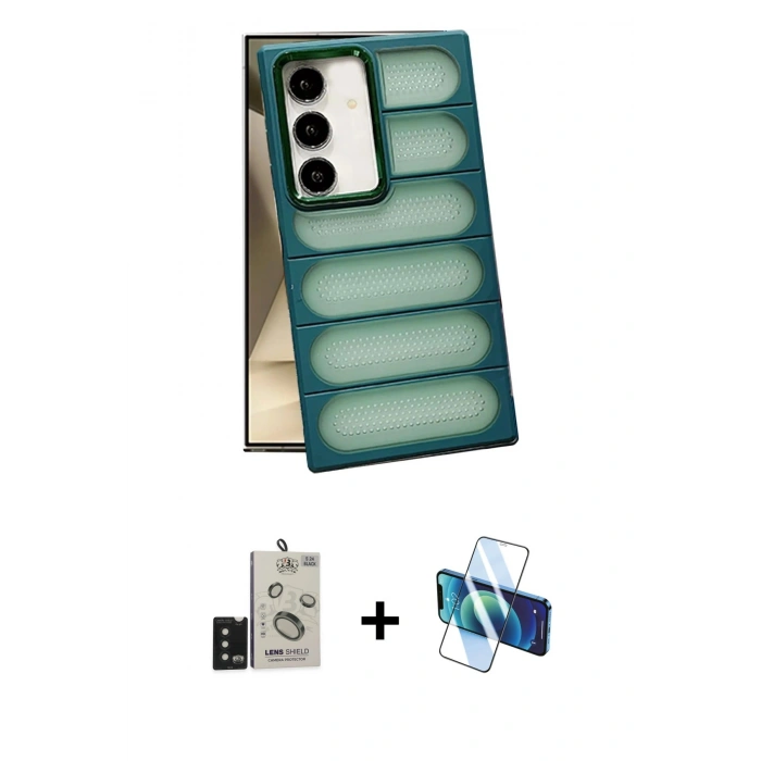 MARSİLYAN™- Galaxy S24 Kılıf Yadigar Doku Özel Seri - Siyah 3D Antistatik Seramik Nano Ekran Koruyucu + Bilvis Titan Kamera Lens - SH