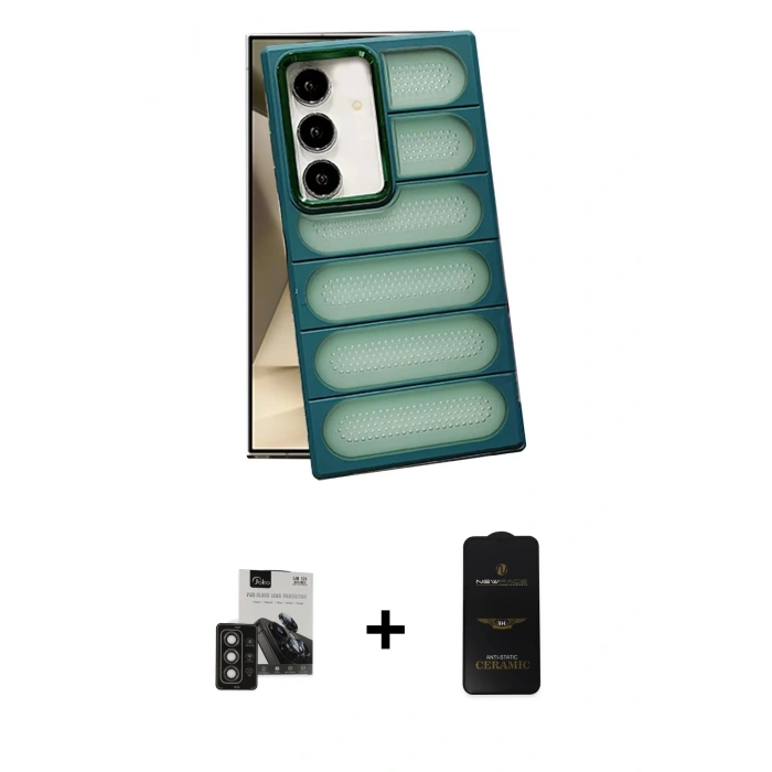MARSİLYAN™- Galaxy S24 Kılıf Yadigar Doku Özel Seri - Siyah 6D Antistatik Mat Seramik Hayalet Nano Ekran Koruyucu + PVD Metal Kamera Lens - TNGI