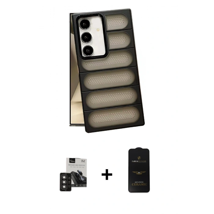 MARSİLYAN™- Galaxy S24 Kılıf Yadigar Doku Özel Seri - Siyah 6D Antistatik Mat Seramik Hayalet Nano Ekran Koruyucu + PVD Metal Kamera Lens - TNGI
