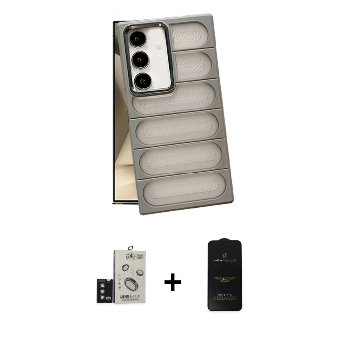 MARSİLYAN™- Galaxy S24 Kılıf Yadigar Doku Özel Seri - Siyah 6D Antistatik Mat Seramik Hayalet Nano Ekran Koruyucu + Bilvis Titan Kamera Lens - TMGI