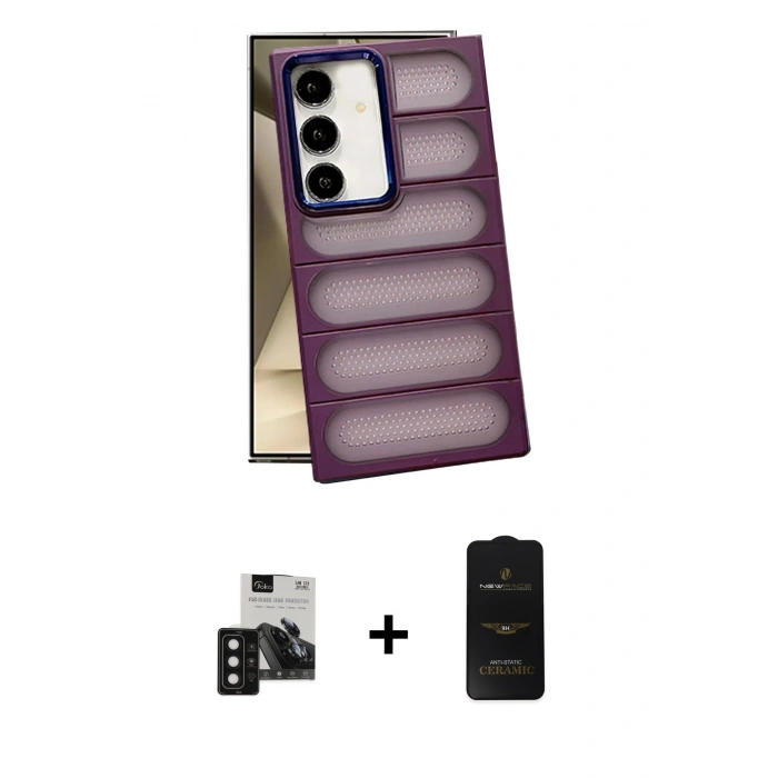 MARSİLYAN™- Galaxy S24 Kılıf Yadigar Doku Özel Seri - Siyah 6D Antistatik Mat Seramik Hayalet Nano Ekran Koruyucu + PVD Metal Kamera Lens - SH