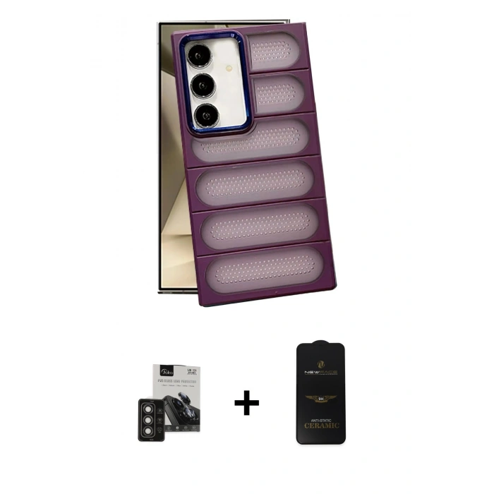 MARSİLYAN™- Galaxy S24 Kılıf Yadigar Doku Özel Seri - Siyah 6D Antistatik Mat Seramik Hayalet Nano Ekran Koruyucu + PVD Metal Kamera Lens - TNGI