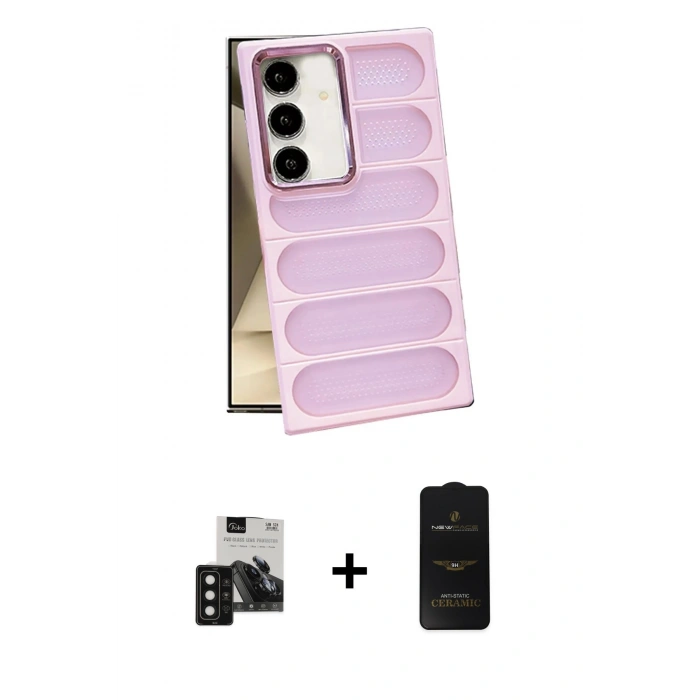 MARSİLYAN™- Galaxy S24 Kılıf Yadigar Doku Özel Seri - Siyah 6D Antistatik Mat Seramik Hayalet Nano Ekran Koruyucu + PVD Metal Kamera Lens - SH