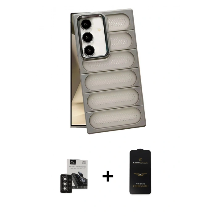 MARSİLYAN™- Galaxy S24 Kılıf Yadigar Doku Özel Seri - Siyah 6D Antistatik Mat Seramik Hayalet Nano Ekran Koruyucu + PVD Metal Kamera Lens - TNGI