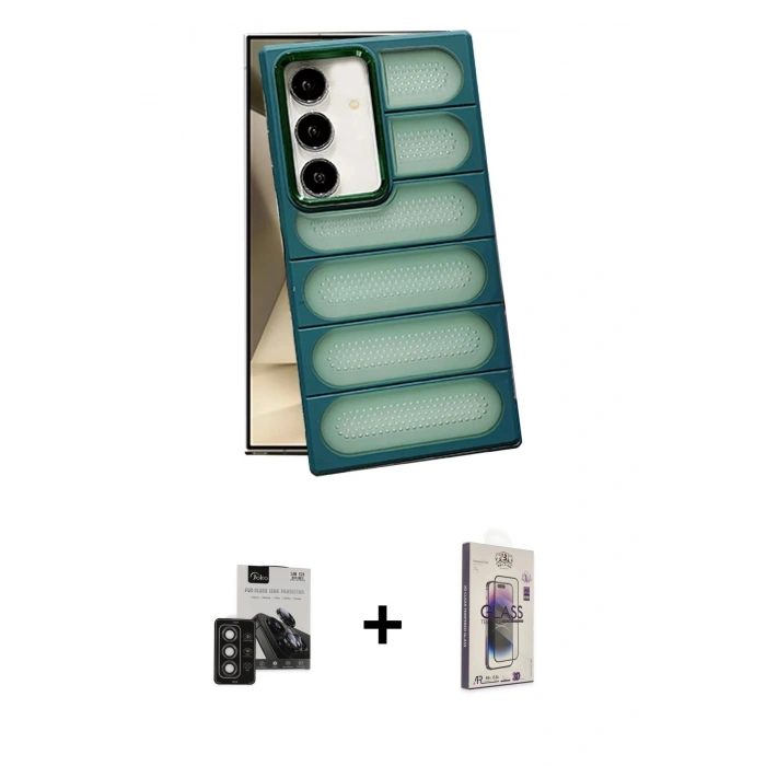 MARSİLYAN™- Galaxy S24 Kılıf Yadigar Doku Özel Seri - Siyah Bilvis 3D Cam Ekran Koruyucu + PVD Metal Kamera Lens - TNGI
