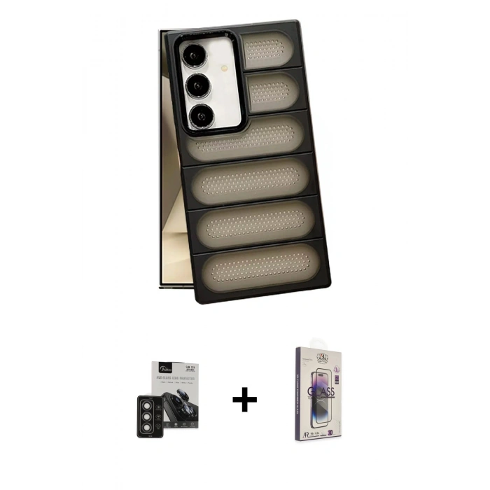 MARSİLYAN™- Galaxy S24 Kılıf Yadigar Doku Özel Seri - Siyah Bilvis 3D Cam Ekran Koruyucu + PVD Metal Kamera Lens - TNGI