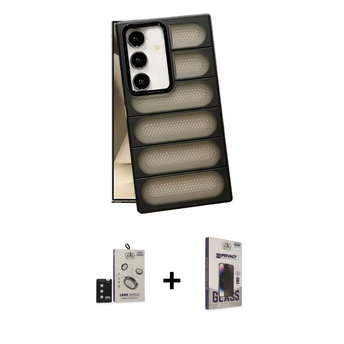 MARSİLYAN™- Galaxy S24 Kılıf Yadigar Doku Özel Seri - Siyah Bilvis Hayalet Cam Ekran Koruyucu + Bilvis Titan Kamera Lens - SH