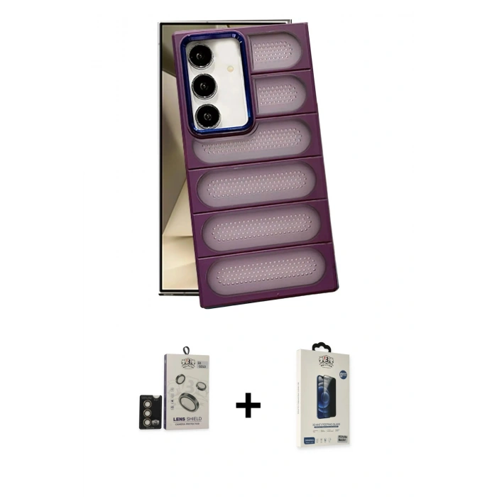 MARSİLYAN™- Galaxy S24 Kılıf Yadigar Doku Özel Seri - Siyah Bilvis Hayalet Cam Ekran Koruyucu + Bilvis Titan Kamera Lens - GD