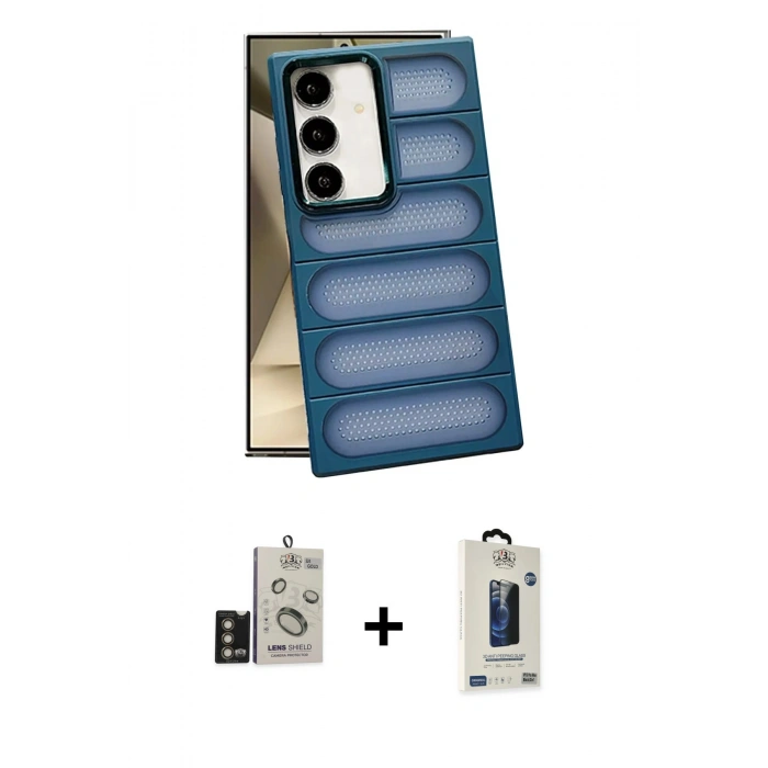 MARSİLYAN™- Galaxy S24 Kılıf Yadigar Doku Özel Seri - Siyah Bilvis Hayalet Cam Ekran Koruyucu + Bilvis Titan Kamera Lens - GD