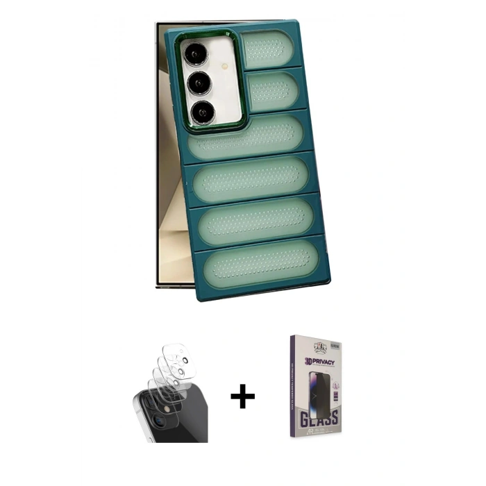 MARSİLYAN™- Galaxy S24 Kılıf Yadigar Doku Özel Seri - Siyah Bilvis Hayalet Cam Ekran Koruyucu + Kamera Lens Koruma Cam - SF