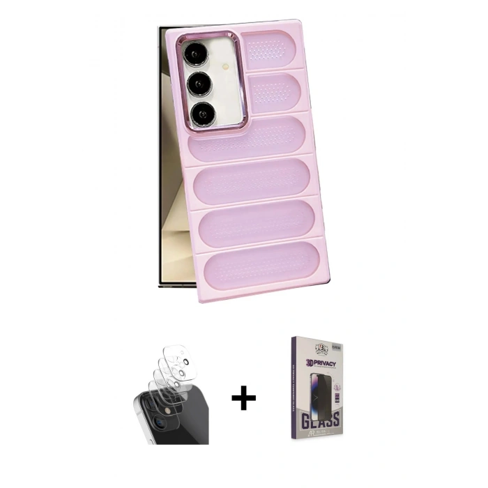 MARSİLYAN™- Galaxy S24 Kılıf Yadigar Doku Özel Seri - Siyah Bilvis Hayalet Cam Ekran Koruyucu + Kamera Lens Koruma Cam - SF