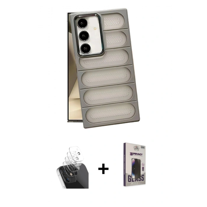 MARSİLYAN™- Galaxy S24 Kılıf Yadigar Doku Özel Seri - Siyah Bilvis Hayalet Cam Ekran Koruyucu + Kamera Lens Koruma Cam - SF