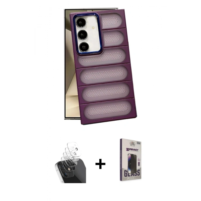 MARSİLYAN™- Galaxy S24 Kılıf Yadigar Doku Özel Seri - Siyah Bilvis Hayalet Cam Ekran Koruyucu + Kamera Lens Koruma Cam - SF
