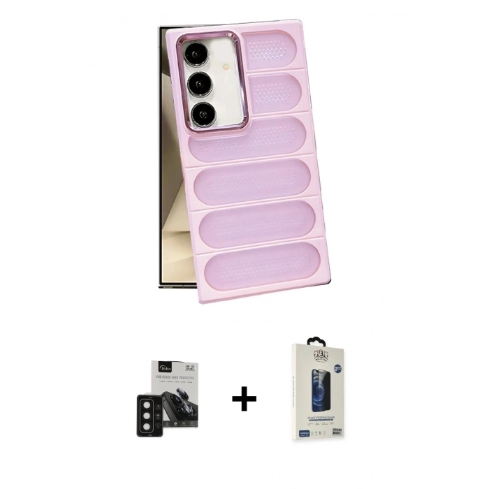 MARSİLYAN™- Galaxy S24 Kılıf Yadigar Doku Özel Seri - Siyah Bilvis Hayalet Cam Ekran Koruyucu + PVD Metal Kamera Lens - SH