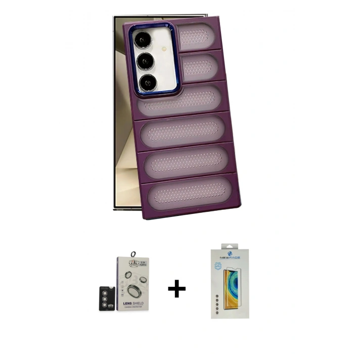 MARSİLYAN™- Galaxy S24 Kılıf Yadigar Doku Özel Seri - Siyah Polymer Nano Ekran Koruyucu + Derin Mor Bilvis Titan Kamera Lens