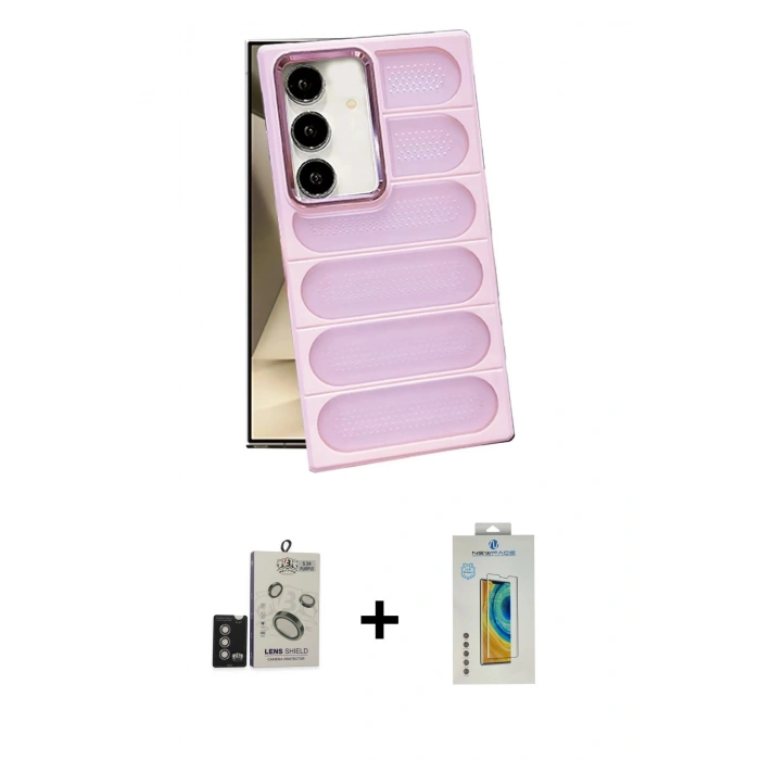 MARSİLYAN™- Galaxy S24 Kılıf Yadigar Doku Özel Seri - Siyah Polymer Nano Ekran Koruyucu + Derin Mor Bilvis Titan Kamera Lens