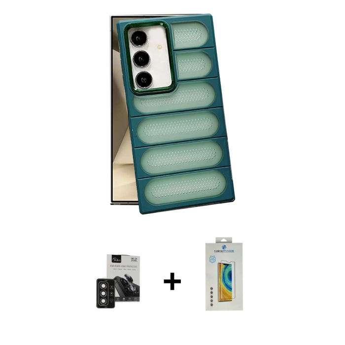 MARSİLYAN™- Galaxy S24 Kılıf Yadigar Doku Özel Seri - Siyah Polymer Nano Ekran Koruyucu + PVD Metal Kamera Lens - DNMR
