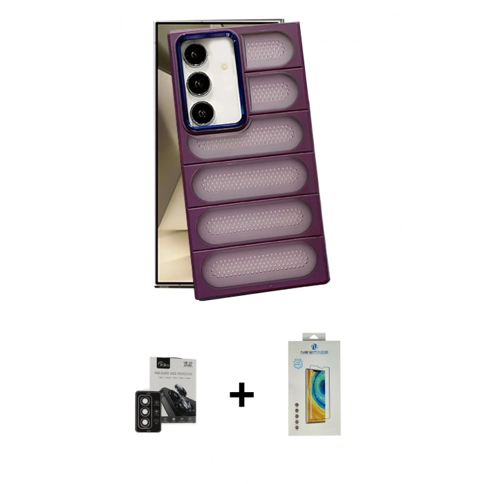 MARSİLYAN™- Galaxy S24 Kılıf Yadigar Doku Özel Seri - Siyah Polymer Nano Ekran Koruyucu + PVD Metal Kamera Lens - DNMR
