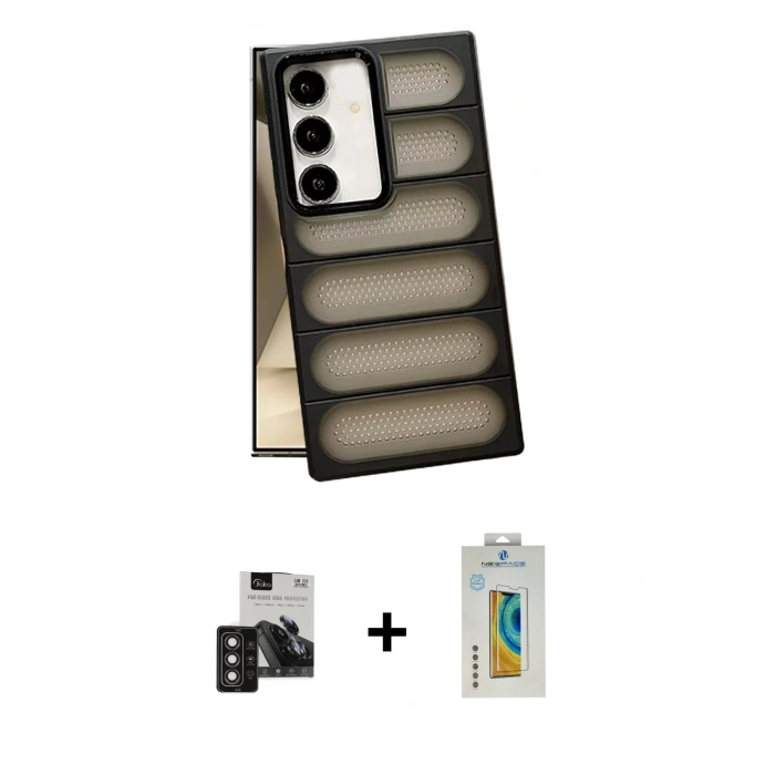 MARSİLYAN™- Galaxy S24 Kılıf Yadigar Doku Özel Seri - Siyah Polymer Nano Ekran Koruyucu + PVD Metal Kamera Lens - DNMR
