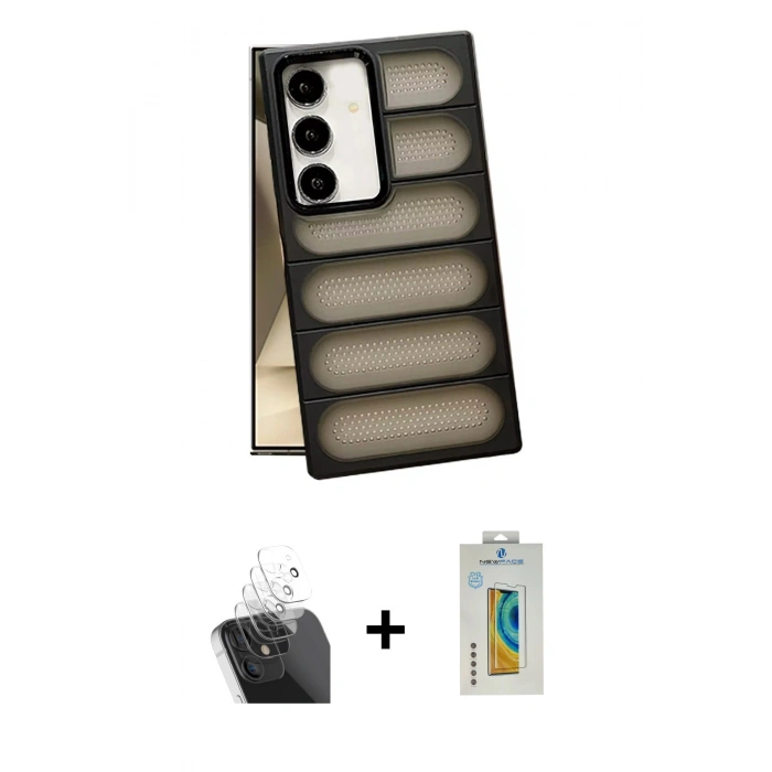 MARSİLYAN™- Galaxy S24 Kılıf Yadigar Doku Özel Seri - Siyah Polymer Nano Ekran Koruyucu + Kamera Lens Koruma Cam - SF