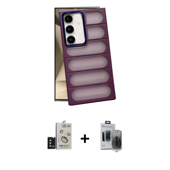 MARSİLYAN™- Galaxy S24 Kılıf Yadigar Doku Özel Seri - Siyah Vanessa Magic Hayalet Cam + Bilvis Titan Kamera Lens - TMGI