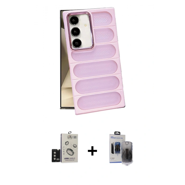 MARSİLYAN™- Galaxy S24 Kılıf Yadigar Doku Özel Seri - Siyah Vanessa Magic Hayalet Cam + Bilvis Titan Kamera Lens - TMGI