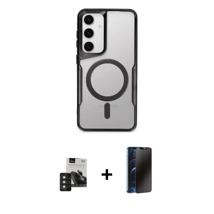 MARSİLYAN™- Galaxy S24 Kılıf Yadigar Klasik Özel Seri - Siyah 3D Antistatik Hayalet Cam Ekran Koruyucu + PVD Metal Kamera Lens - DNMR
