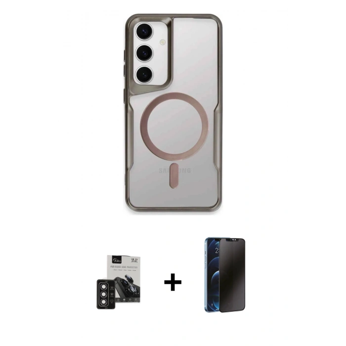 MARSİLYAN™- Galaxy S24 Kılıf Yadigar Klasik Özel Seri - Siyah 3D Antistatik Hayalet Cam Ekran Koruyucu + PVD Metal Kamera Lens - DNMR