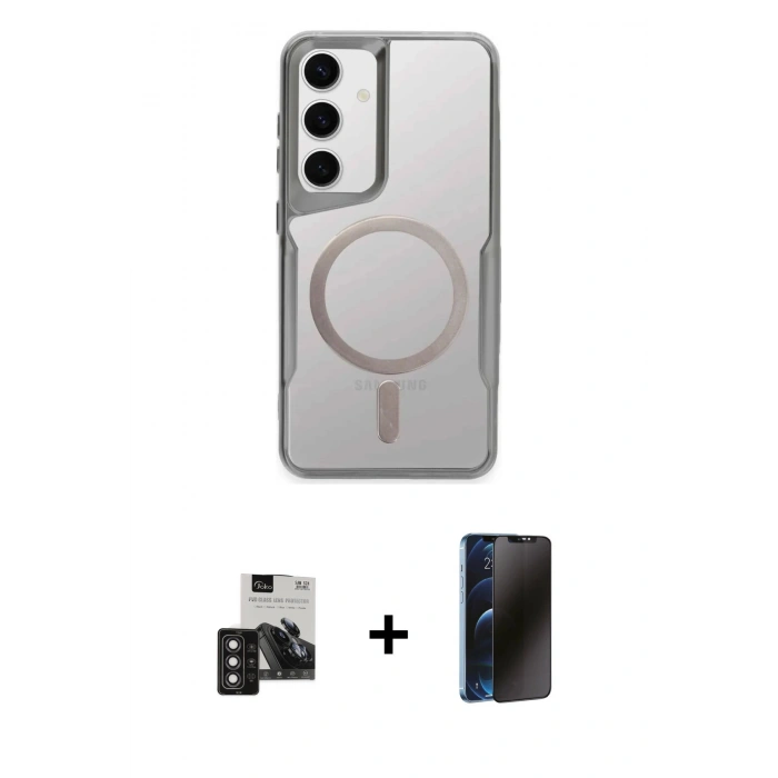 MARSİLYAN™- Galaxy S24 Kılıf Yadigar Klasik Özel Seri - Siyah 3D Antistatik Hayalet Cam Ekran Koruyucu + PVD Metal Kamera Lens - DNMR