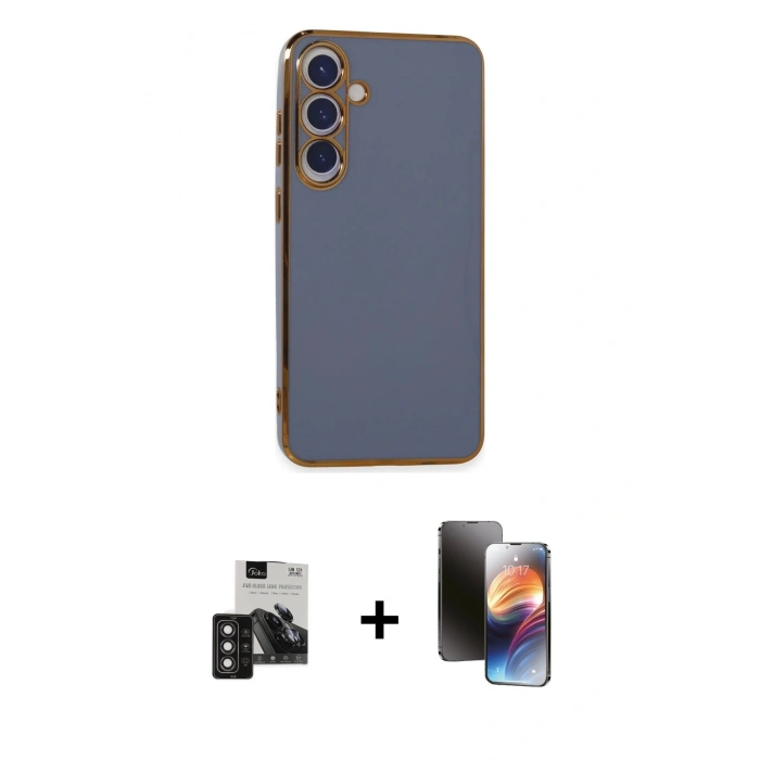 MARSİLYAN™- Galaxy S24 Kılıf Yankı Serisi - Siyah 3D Antistatik Mat Seramik Nano Ekran Koruyucu + Derin Mor PVD Metal Kamera Lens