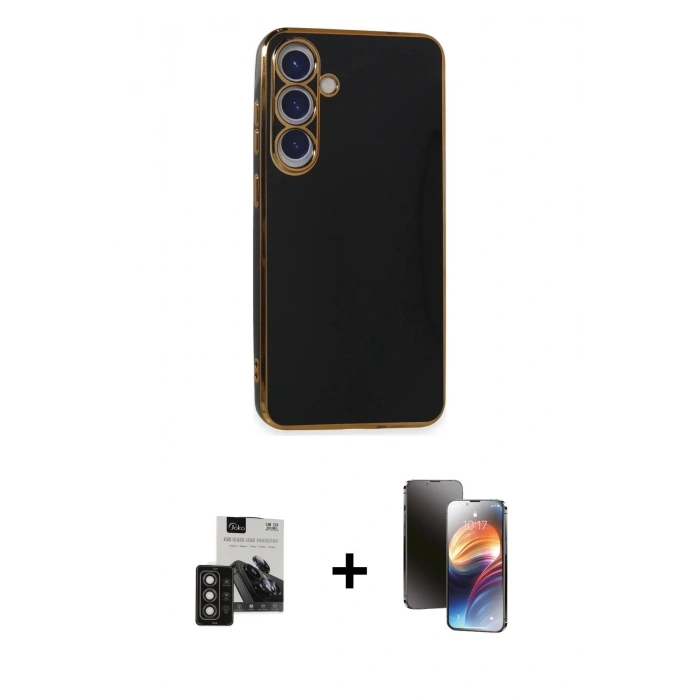 MARSİLYAN™- Galaxy S24 Kılıf Yankı Serisi - Siyah 3D Antistatik Mat Seramik Nano Ekran Koruyucu + PVD Metal Kamera Lens - TNGI