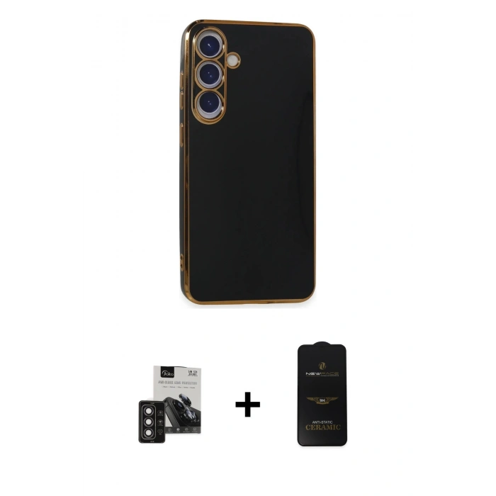 MARSİLYAN™- Galaxy S24 Kılıf Yankı Serisi - Siyah 6D Antistatik Mat Seramik Hayalet Nano Ekran Koruyucu + PVD Metal Kamera Lens - DNMR