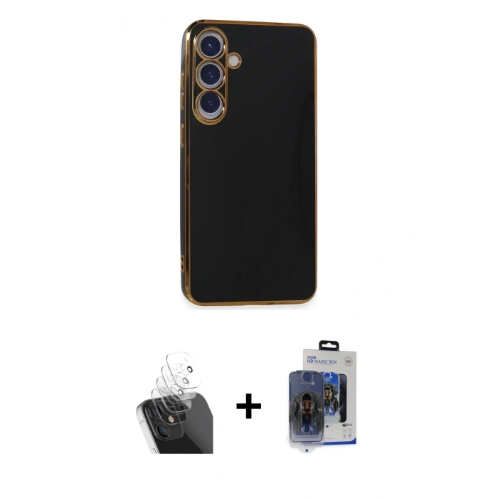 MARSİLYAN™- Galaxy S24 Kılıf Yankı Serisi - Siyah Vanessa Magic Cam + Şeffaf Kamera Lens Koruma Cam