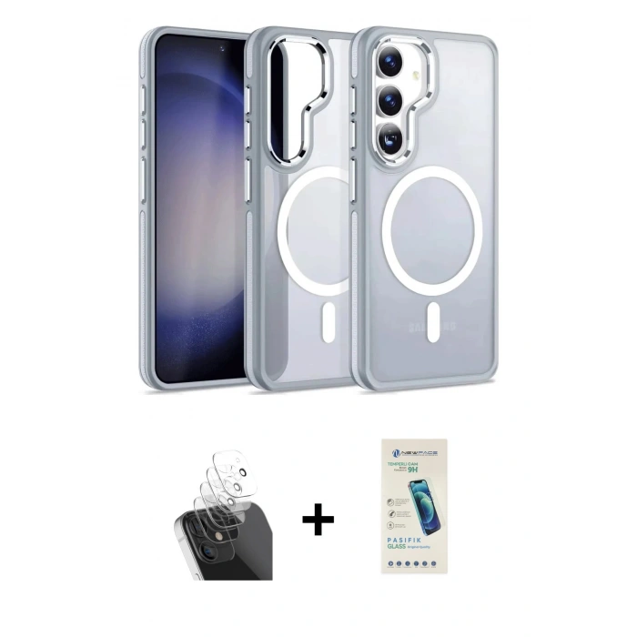 MARSİLYAN™- Galaxy S24 Kılıf Yörünge Klasik - Şeffaf Pasifik Cam Ekran Koruyucu + Kamera Lens Koruma Cam - SF