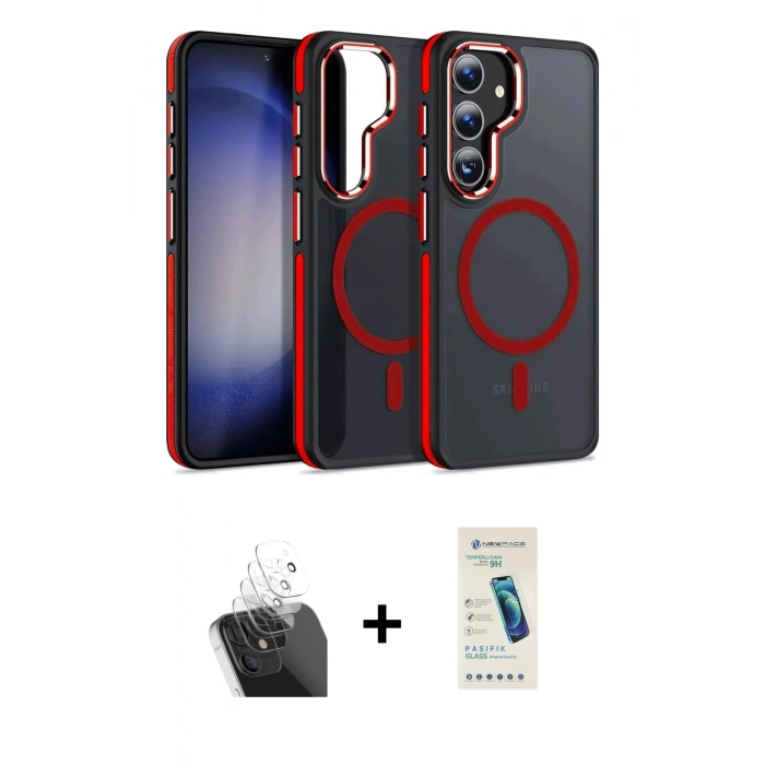 MARSİLYAN™- Galaxy S24 Kılıf Yörünge Klasik - Şeffaf Pasifik Cam Ekran Koruyucu + Kamera Lens Koruma Cam - SF